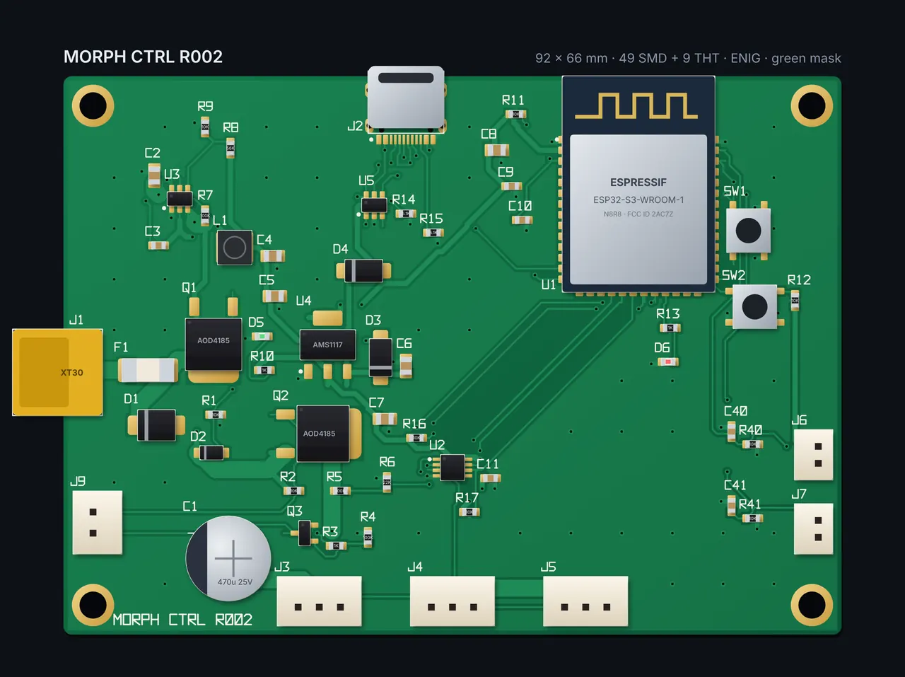 A rendered view of the controller board Morph laid out for the strawberry picker, labelled MORPH CTRL R002: a green 92 by 66 mm board with an Espressif ESP32-S3-WROOM-1 module, a USB-C port, an XT30 power input, two AOD4185 power MOSFETs, an AMS1117 regulator, a 470 microfarad capacitor and three servo-bus connectors.