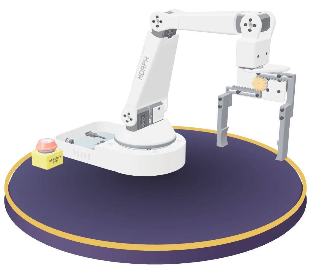 The cupcake-picking arm Morph Studio designed from that sentence, on a turntable: a white five-joint arm on a base with its electronics and an emergency stop, holding a two-finger gripper open.