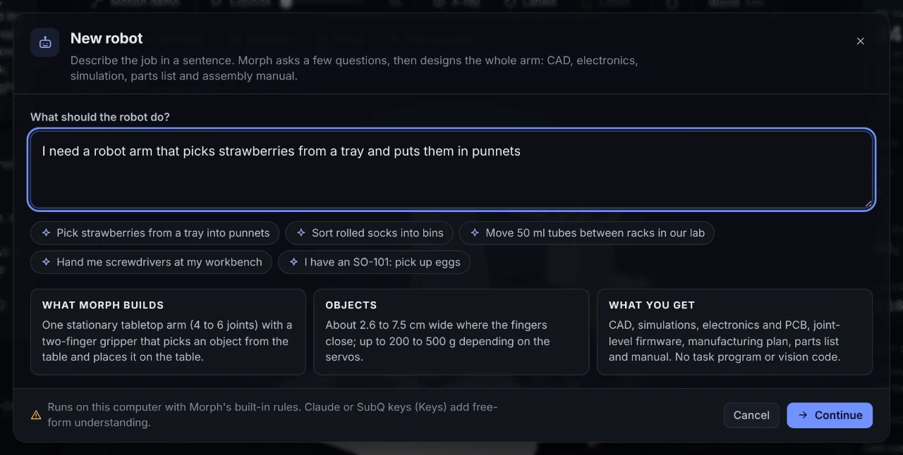 The New robot dialog in Morph Studio, with the request typed in: I need a robot arm that picks strawberries from a tray and puts them in punnets.