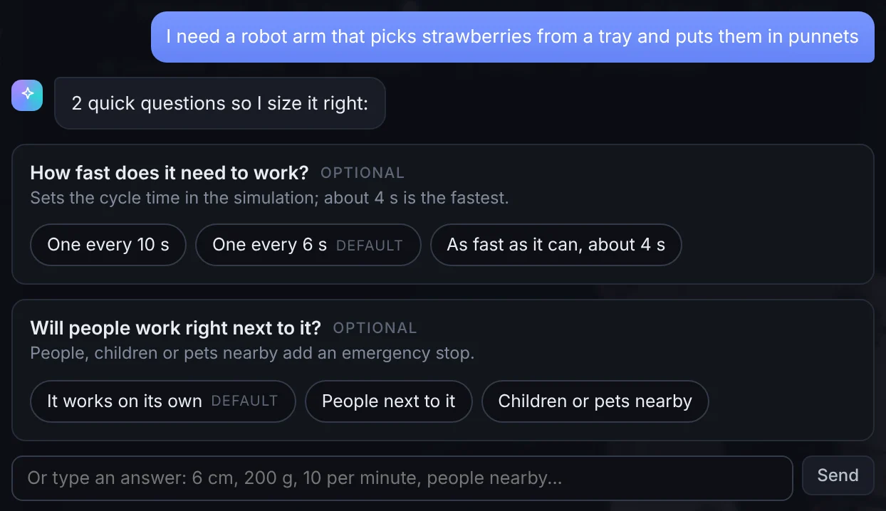 Morph Studio asking two quick questions about the strawberry request, each with one-tap answers and a default: how fast it needs to work (one every 10 s, one every 6 s, or as fast as it can) and whether people work right next to it.